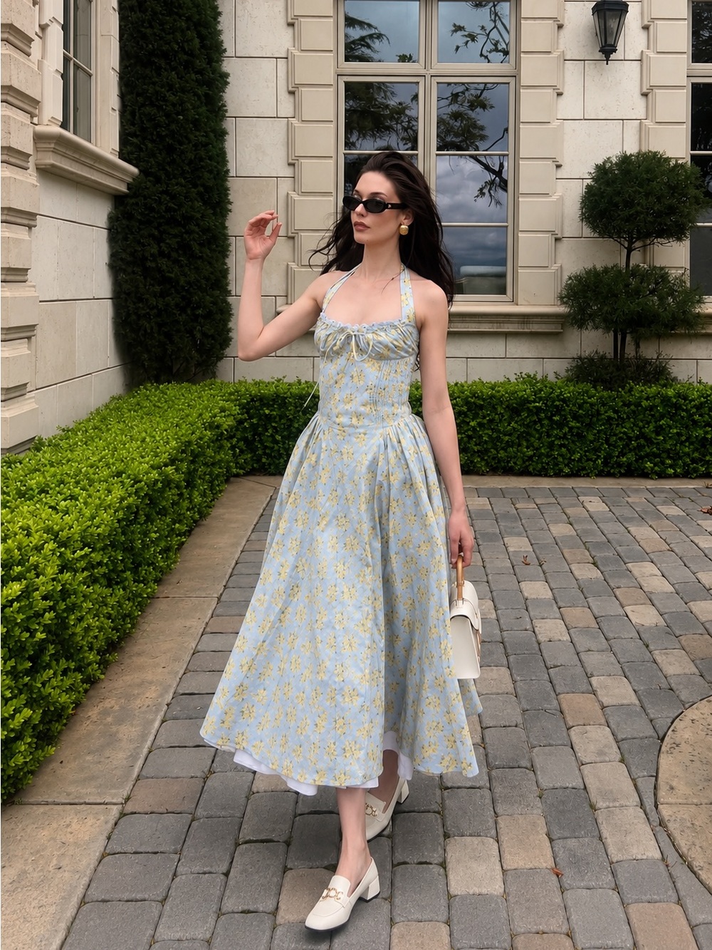š©·Firm Priceš©·Adabella soft blue vintage floral print cotton halter sundress - Picture 10 of 16